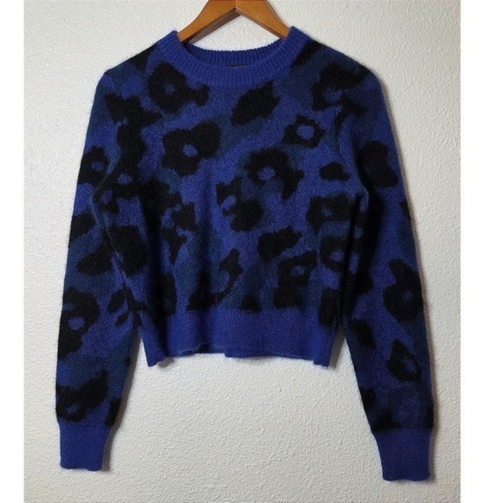 Rag & Bone Blue Leopard Mohair Sweater Cropped Mob Wife Knit XS - Picture 2 of 7